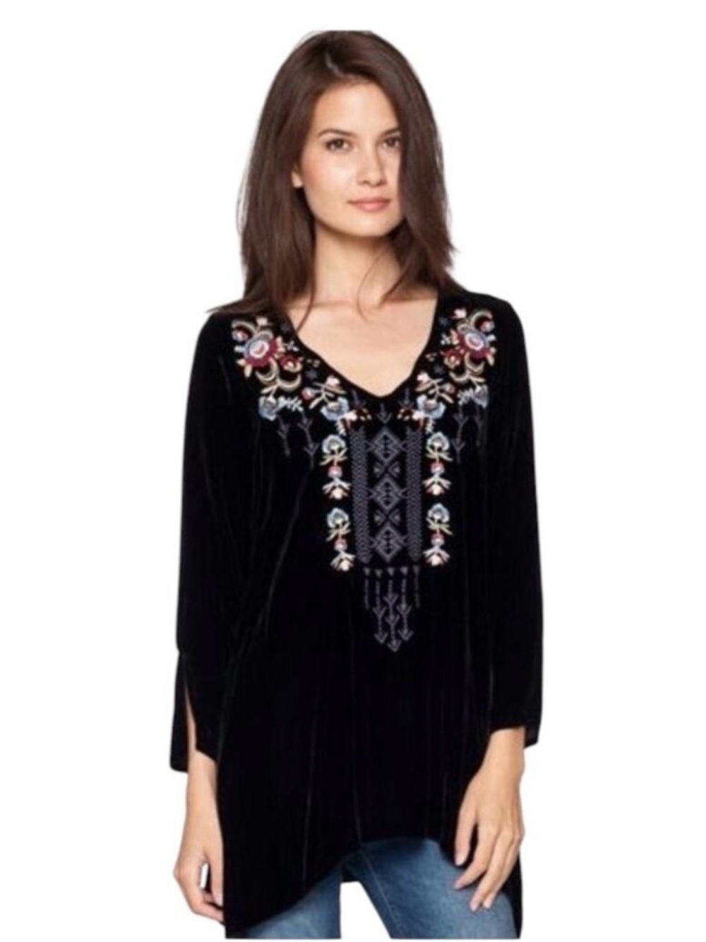 Johnny Was Landon Embroidered Tunic V Neck Black Silk Embroidered Large? EUC